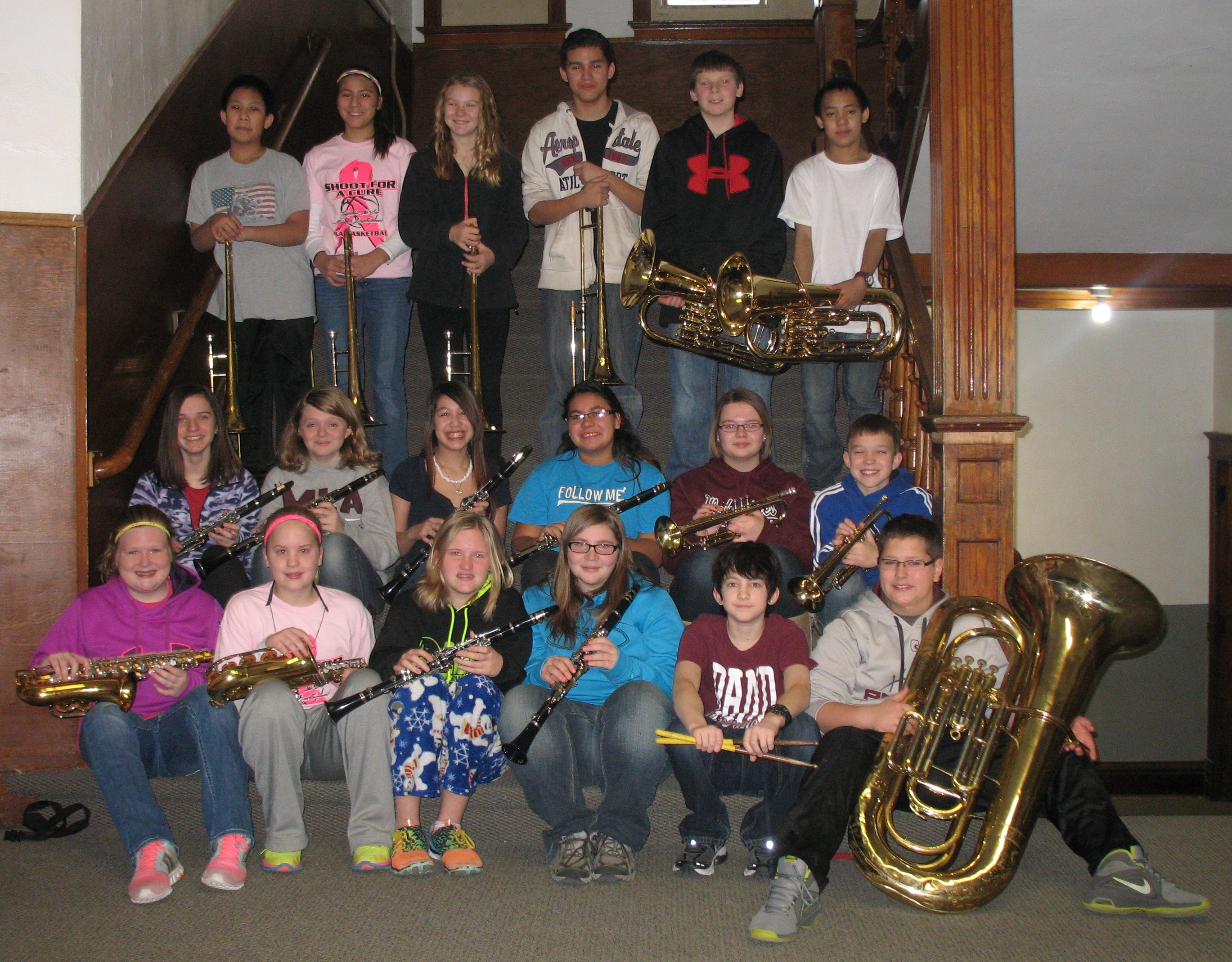 JUNIOR HIGH MUSICIANS who participated in the Solo/Ensemble Festival. Front, from left, Saige Wall, Anna Kirk, Dawn Geertsema, Aleesha Jepsen, Ethan Klassen and Isaac Grev. Middle, from left, Victoria Hofmann, Amy Bartsch, Briana Lopez, Brittany Garnica, Kayla Vonk and Brett Willaby. Back, from left, Neramith Phoumivong, Janessa Johnson, Taylor Naas, Joel Salgado, Fletcher Hanson and Junior Louangsaphakdy.