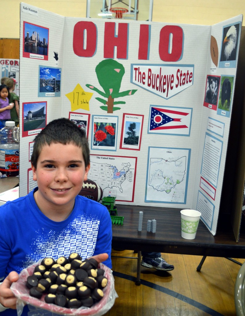 KADE WASSMAN OFFERED up candy Ohio Buckeyes supporting his state - Ohio. These Buckeyes, however are peanut butter balls dipped in chocolate, while real buckeyes are nuts that grow on trees and are related to the horse chestnut. Kade also shared that Ohio has four "Halls of Fame." The Professional Football Hall of Fame and the College Football Hall of Fame are both in Canton, the Rock-and-Roll Hall of Fame is in Cleveland and the American Classical Music Hall of Fame in Cincinnati.