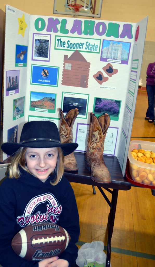 THIS OKLAHOMA COWGIRL discovered that her state has more man-made lakes than any other state in the United States - 1,000,000 surface acres of water. Corn bread muffins, featuring corn, one of the crops grown in the state, were Jordan's treat samples.