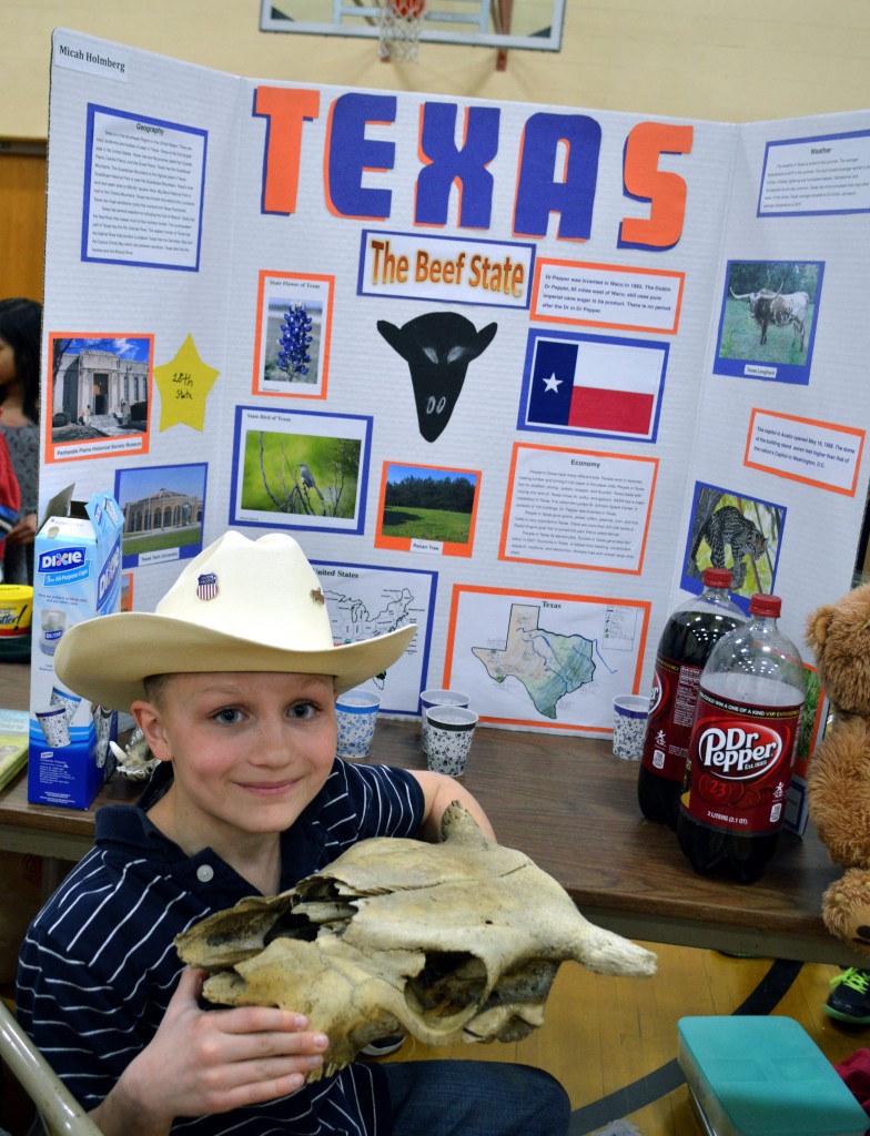 WHEN ASKED IF he liked learning about his state, Micah Holmberg answered in good ol' Texas fashion - "Yep !" He handed out samples of Dr. Pepper, a drink which was invented in the 1880s by Charles Alderton of Waco, Texas, and first served in 1885.