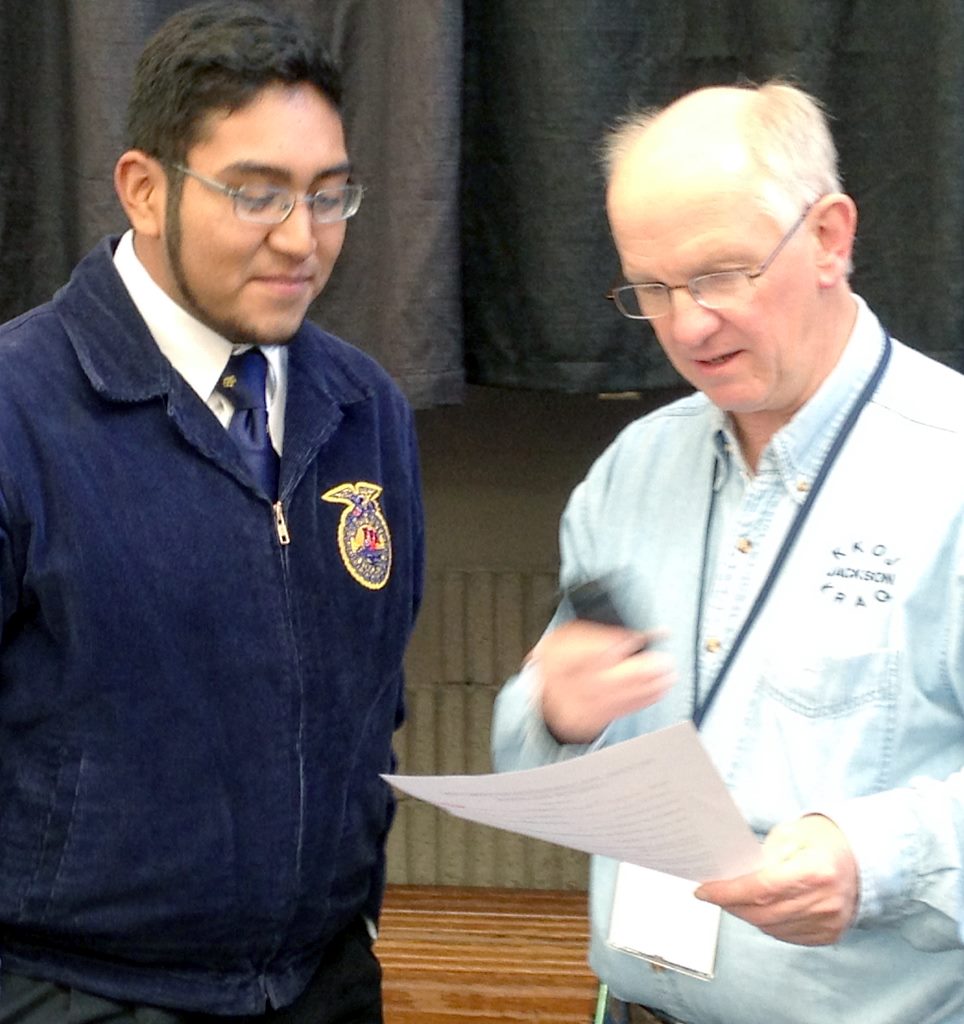 FFA NATIONAL CHOIR participant Ruben Fentanez, left, interviewed by KKOJ radio in Jackson. (Photo courtesy of Lindsey Brown)